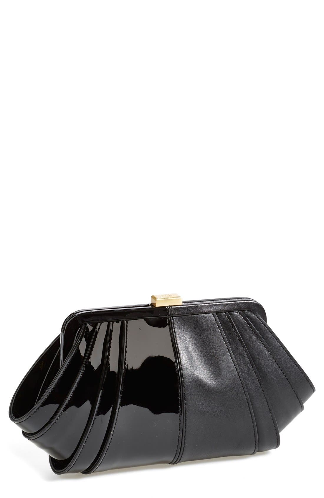 'Split' Patent & Leather Clutch, Main, color, BLACK