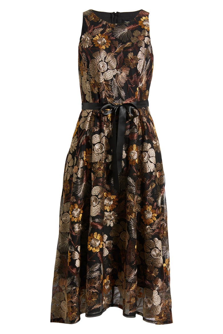 Embroidered Sleeveless Belted Midi Dress, Alternate, color, BROWN GOLD