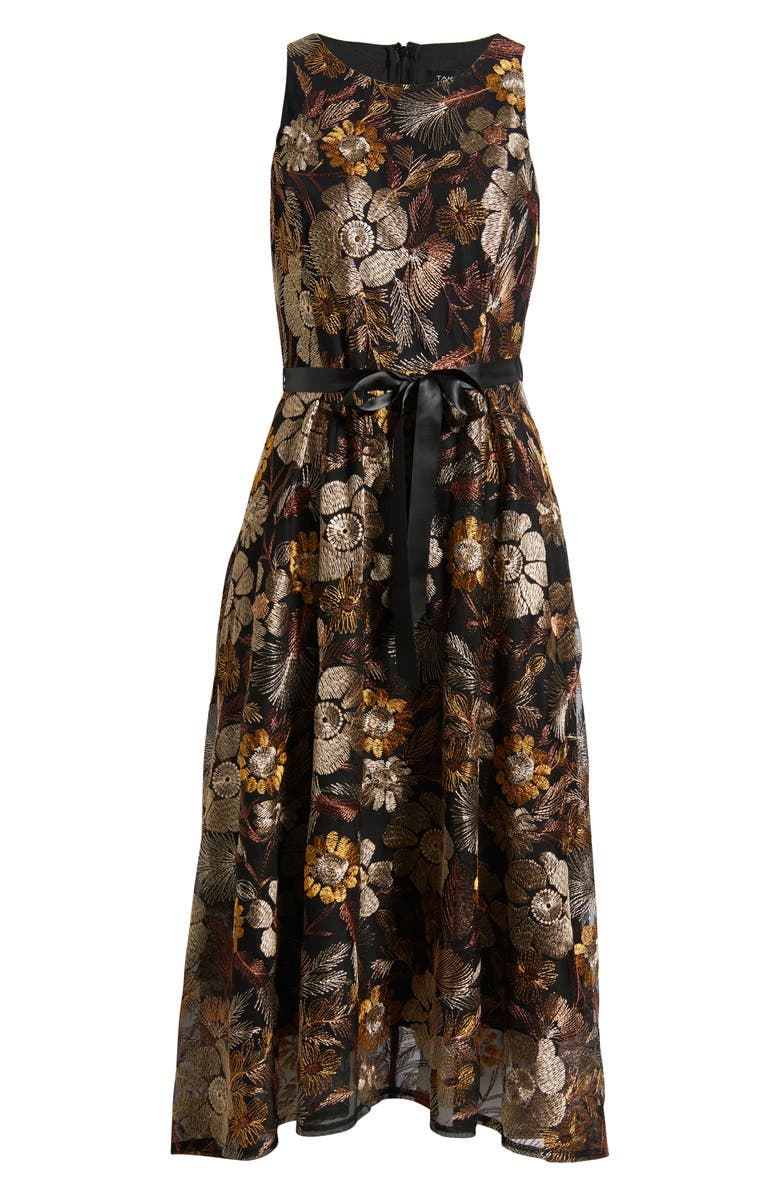 Tahari ASL Embroidered Tie Waist Sleeveless Midi Dress, Alternate, color, Brown Gold