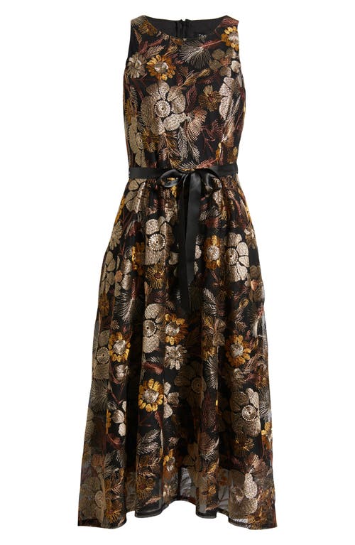 Tahari Asl Embroidered Tie Waist Sleeveless Midi Dress In Black
