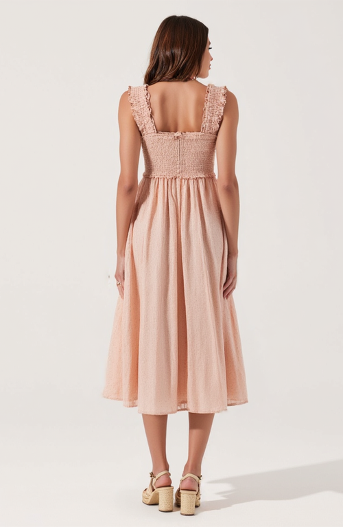 Modenaire Smocked Midi Dress With Ruffle Straps And Button-front Detail In Peach