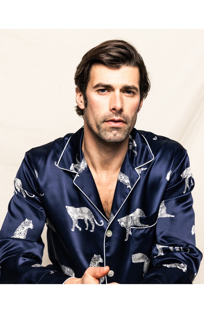 Petite Plume Panthre de Nuit Silk Pajamas, Alternate, color, Navy