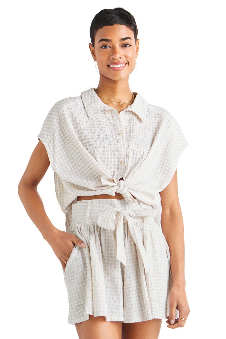 Gabrielle Cotton Blend Gingham Shorts, Alternate, color, WHITE SAND/ WHITE