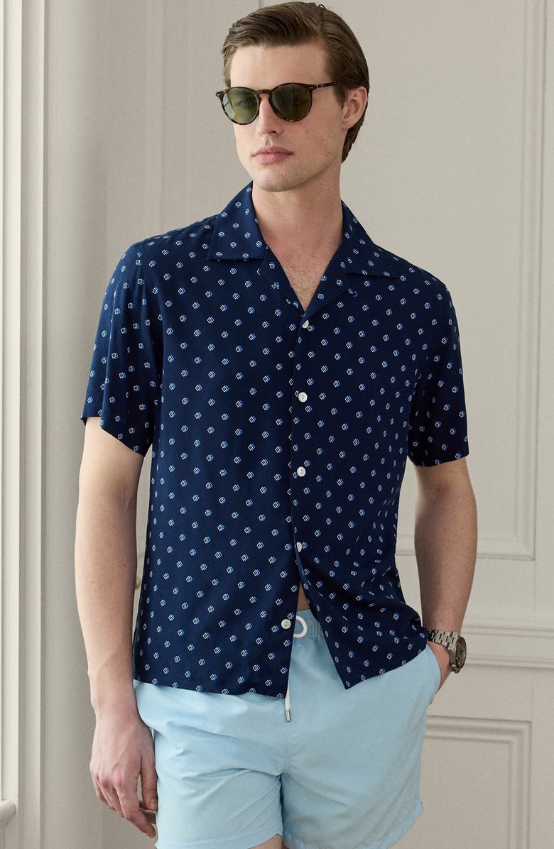 Ralph Lauren Purple Label Cilento Geometric Print Camp Shirt, Alternate, color, Navy