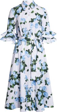 Carolina Herrera Rose Print Belted Midi Shirtdress
