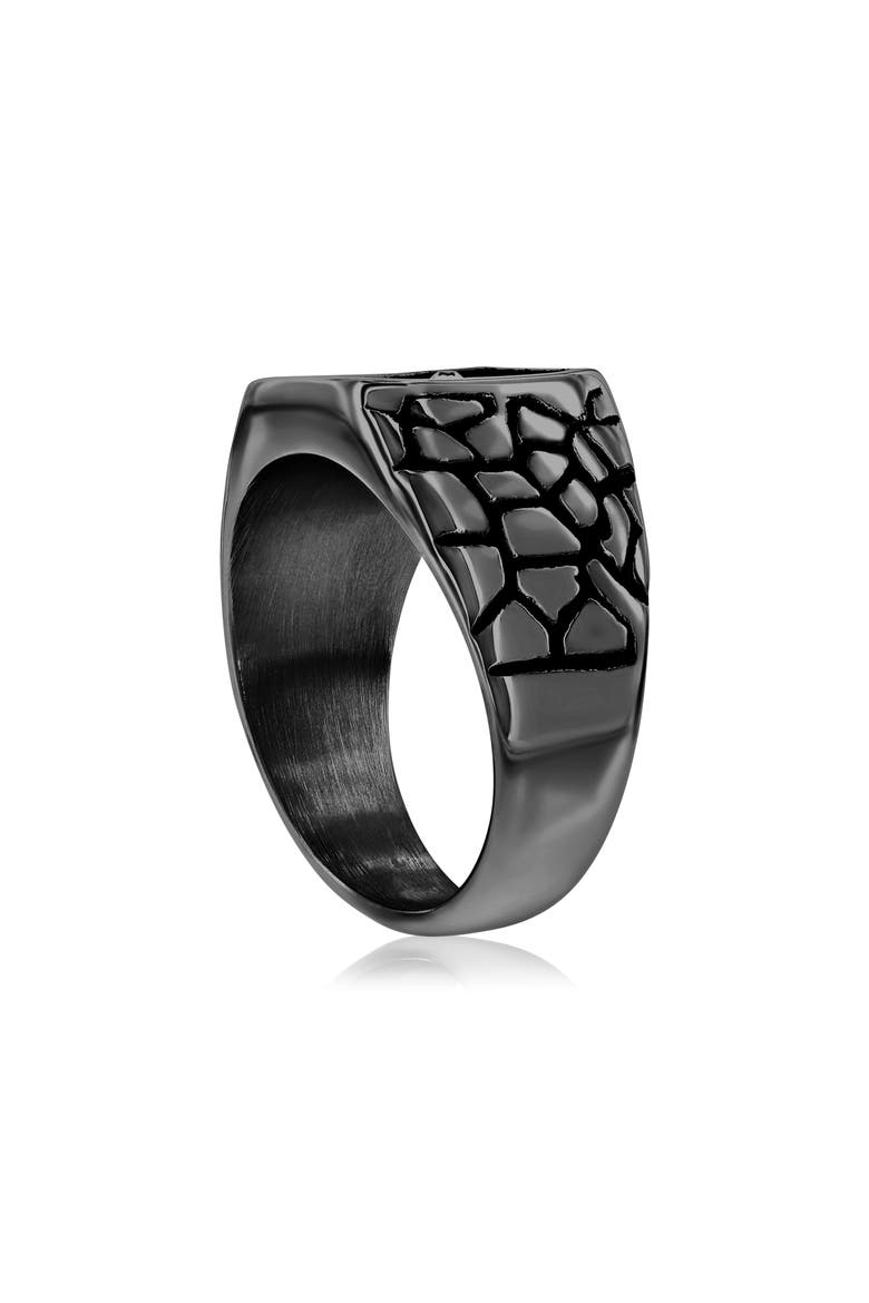 Men's Cubic Zirconia Pebble Textured Signet Ring, Alternate, color, BLACK