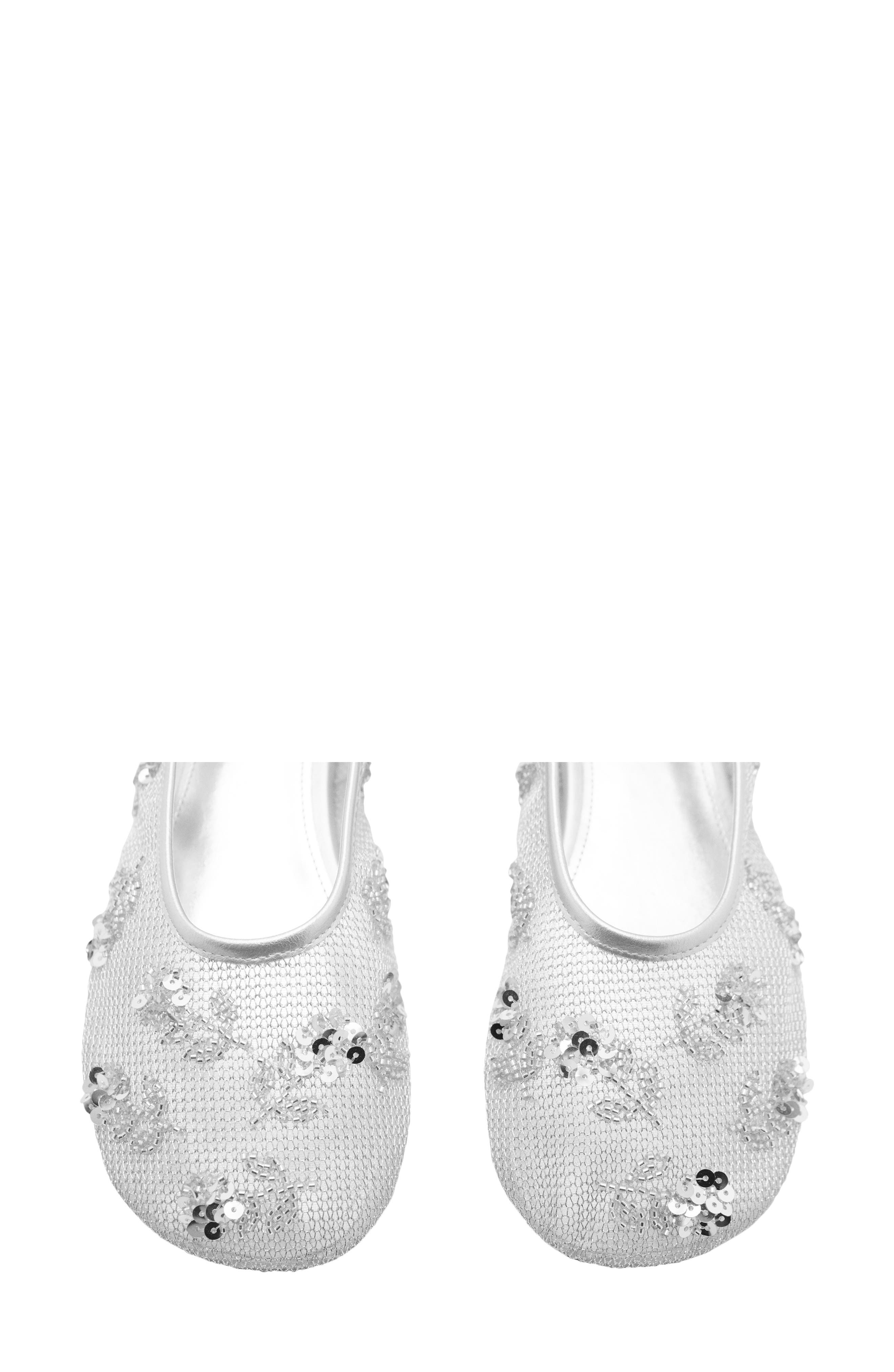 MANGO Floral Embellished Mesh Ballet Flat, Alternate, color, Silver