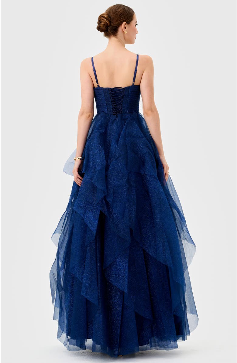 Bariano Solenne Tiered Ball Gown, Alternate, color, Navy