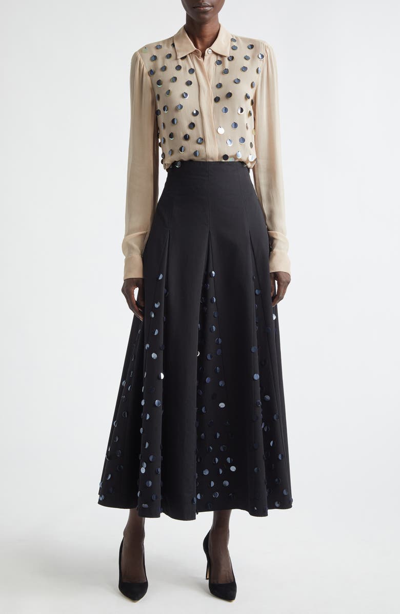 Lela Rose Paillette Cotton Poplin Godet Skirt, Alternate, color, Black