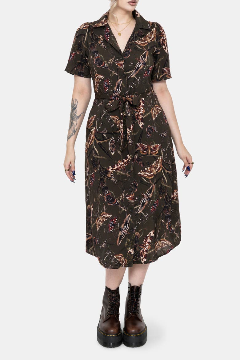 Whispen Moth Print Midi Shirt Dress, Alternate, color, Green
