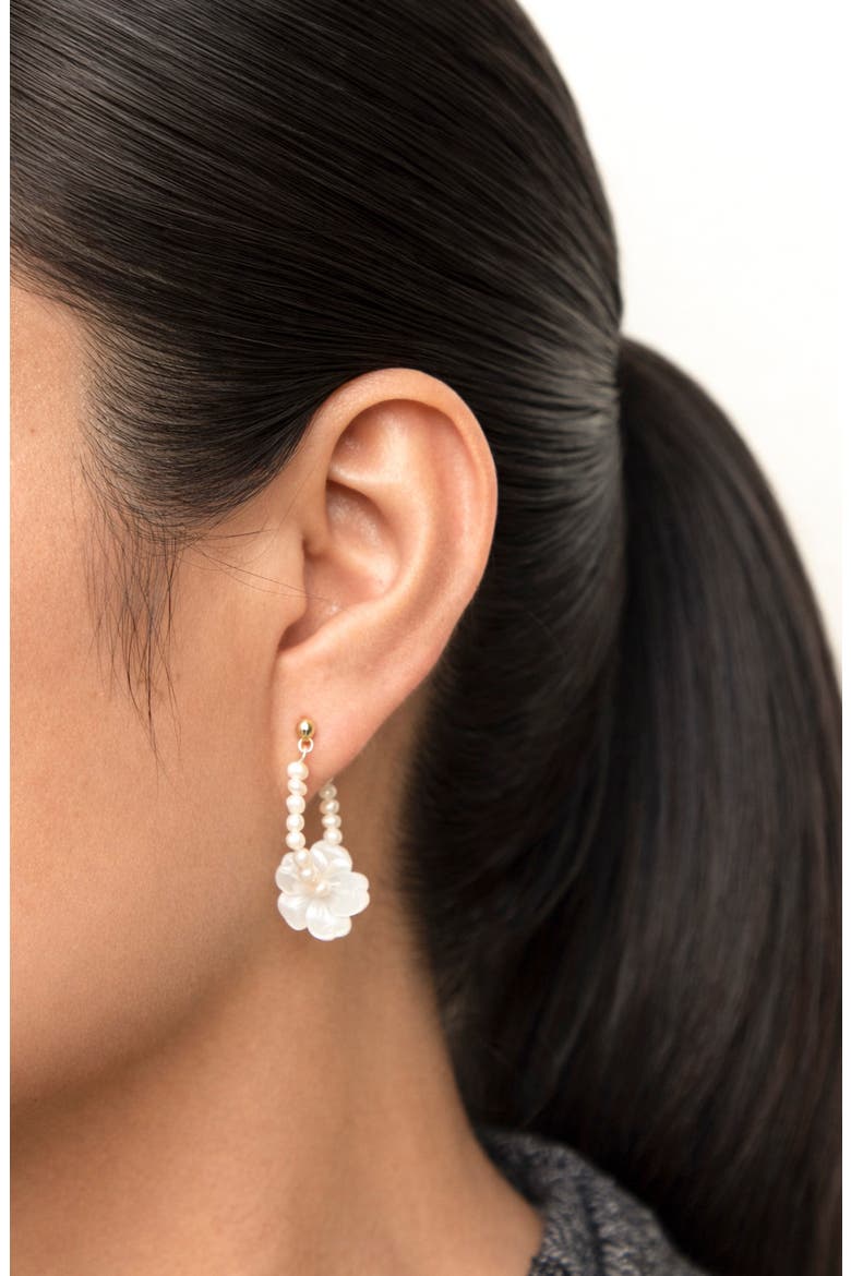 Flower Freshwater Pearl Hoop Earrings, Alternate, color, GOLD