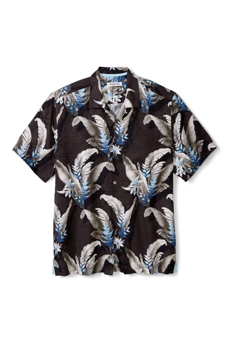 Montego Blooms Tropical Short Sleeve Silk Button-Up Shirt, Main, color, BLACK
