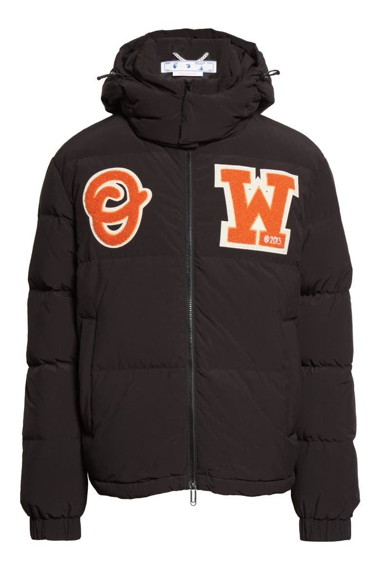 Bouclé Patch Down & Feather Fill Hooded Puffer Jacket, Alternate, color, BLACK