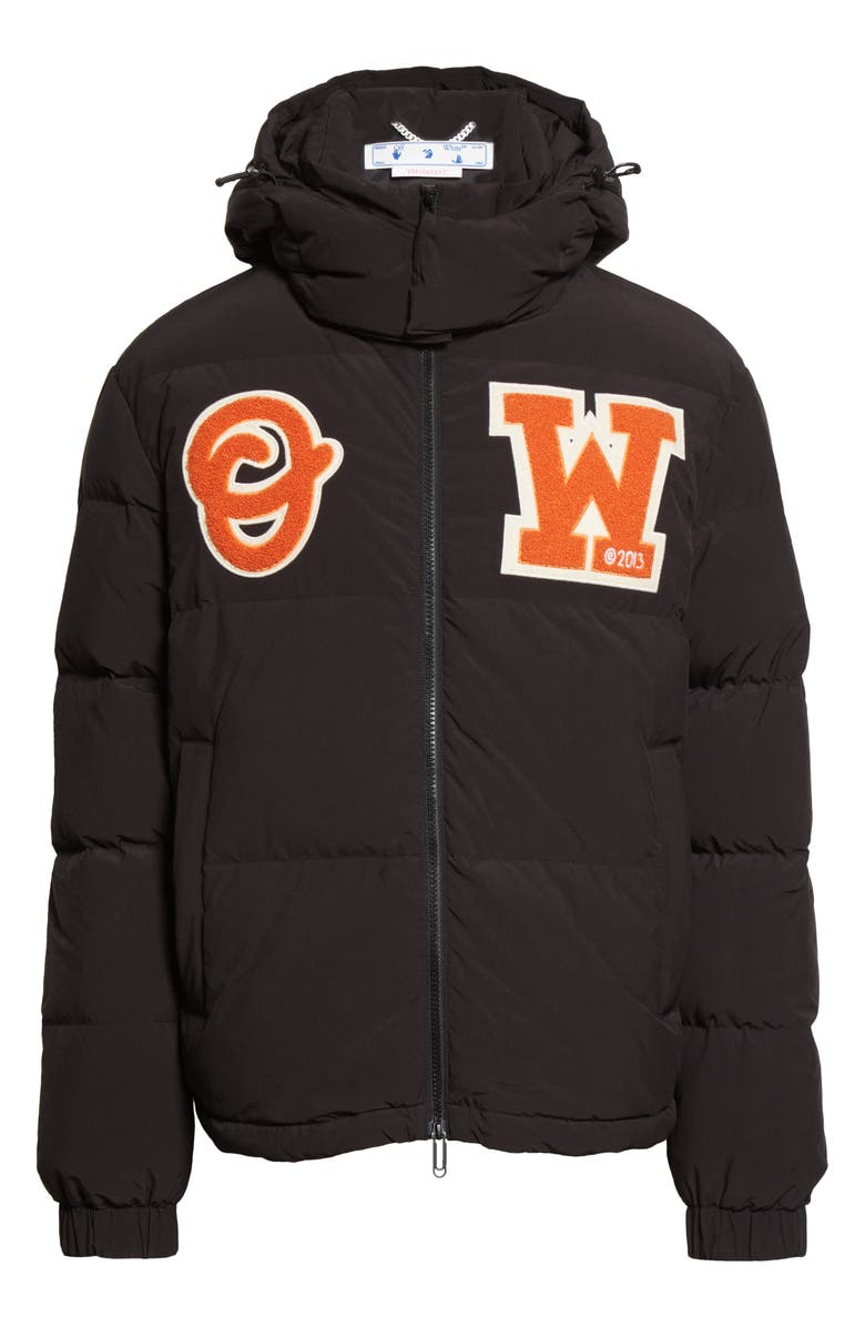 Off-White Bouclé Patch Down & Feather Fill Hooded Puffer Jacket, Alternate, color, 