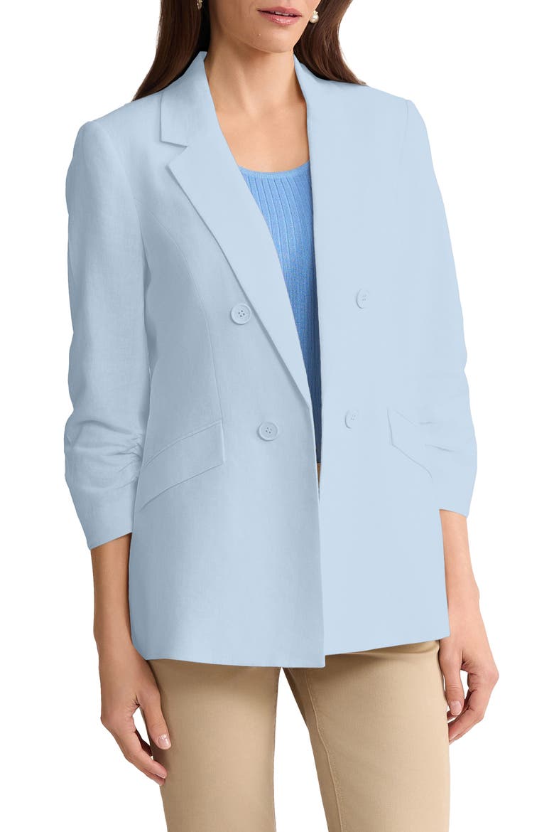 Scrunch Sleeve Faux Double Breasted Linen Jacket, Main, color, BREEZE BLUE