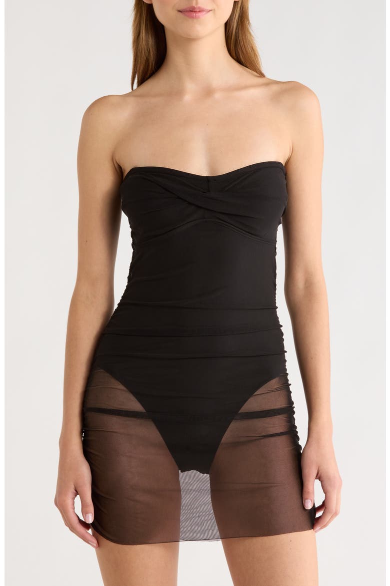 Radlee Strapless Mesh Overlay Skirted One-Piece Swimsuit, Main, color, BLACK SOLID