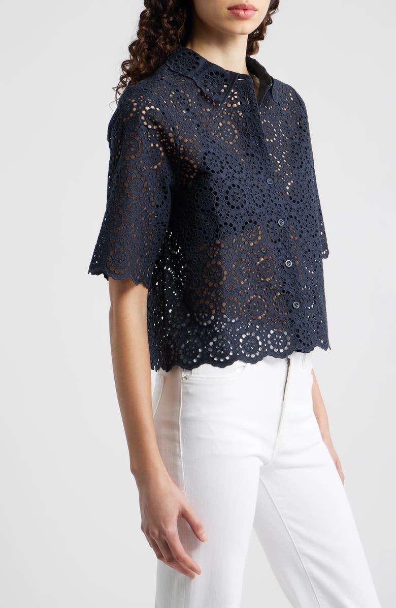 FRAME The Petal Eyelet Crop Shirt, Alternate, color, Navy