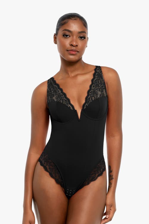 Popilush Shapewear Deep V-neck Sculpting Lace Inset Bodysuit In Midnight Black