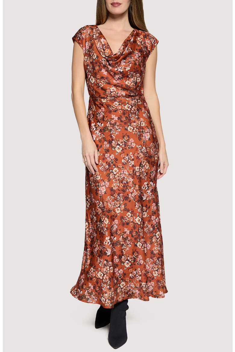 Bouquet Cowl Neck Satin Maxi Dress, Main, color, RUST FLORAL