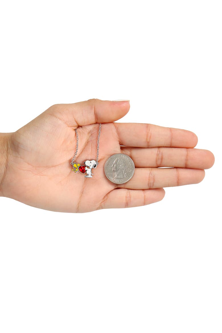 Snoopy and Woodstock Red Crystal Heart Necklace, 18'', Alternate, color, Silver, white, red