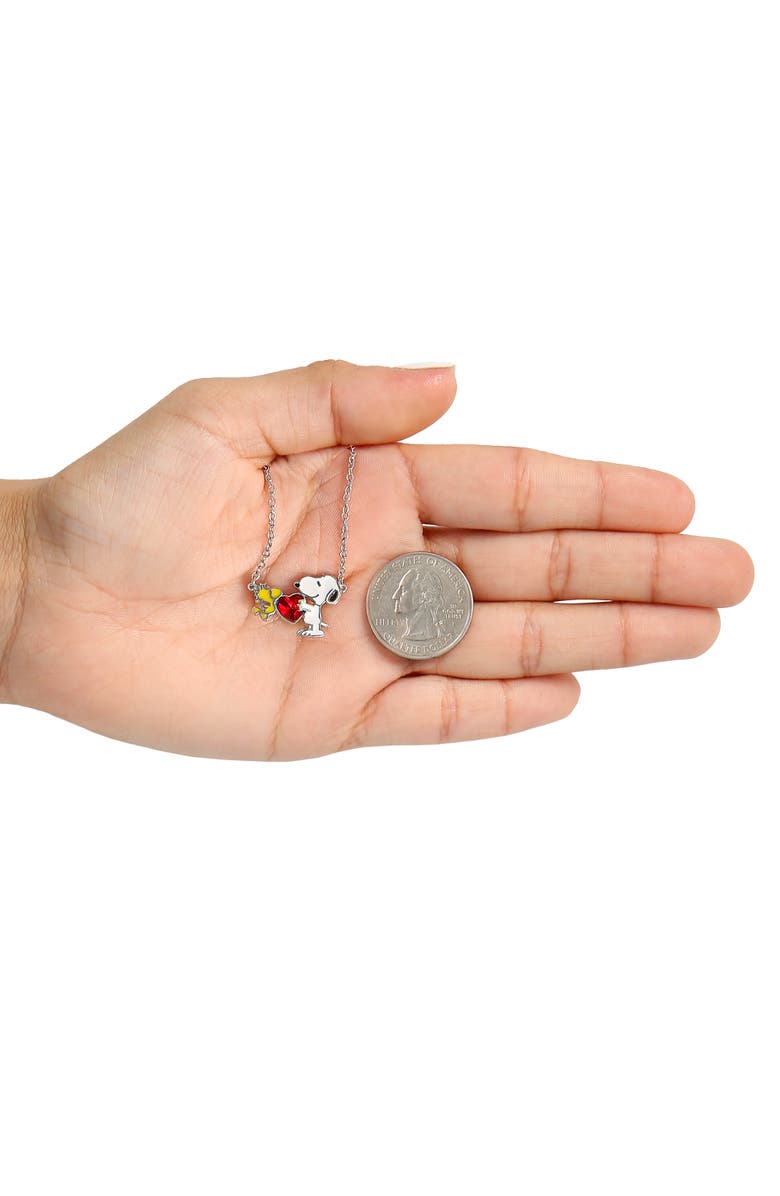 PEANUTS Snoopy and Woodstock Red Crystal Heart Necklace, 18'', Alternate, color, Silver, White, Red