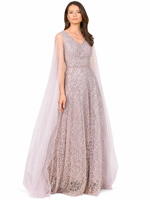 Beaded Lace Gown with Cape Sleeves