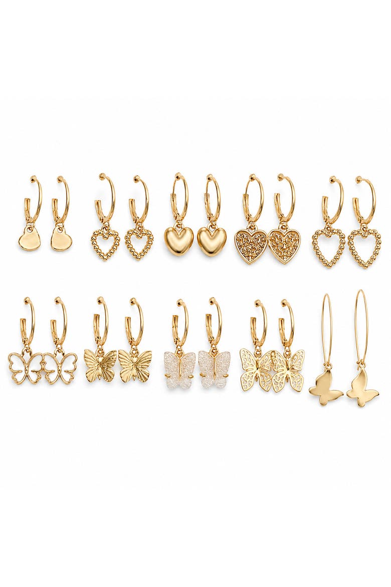 10-Pair 14K Gold-Plated Heart and Butterfly Huggie and Drop Earring Set, Main, color, Gold