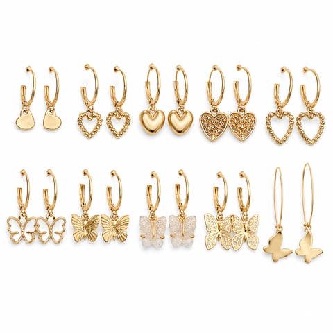10-Pair 14K Gold-Plated Heart and Butterfly Huggie and Drop Earring Set