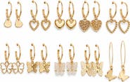 Gemini Jewelry 10-Pair 14K Gold-Plated Heart and Butterfly Huggie and Drop Earring Set