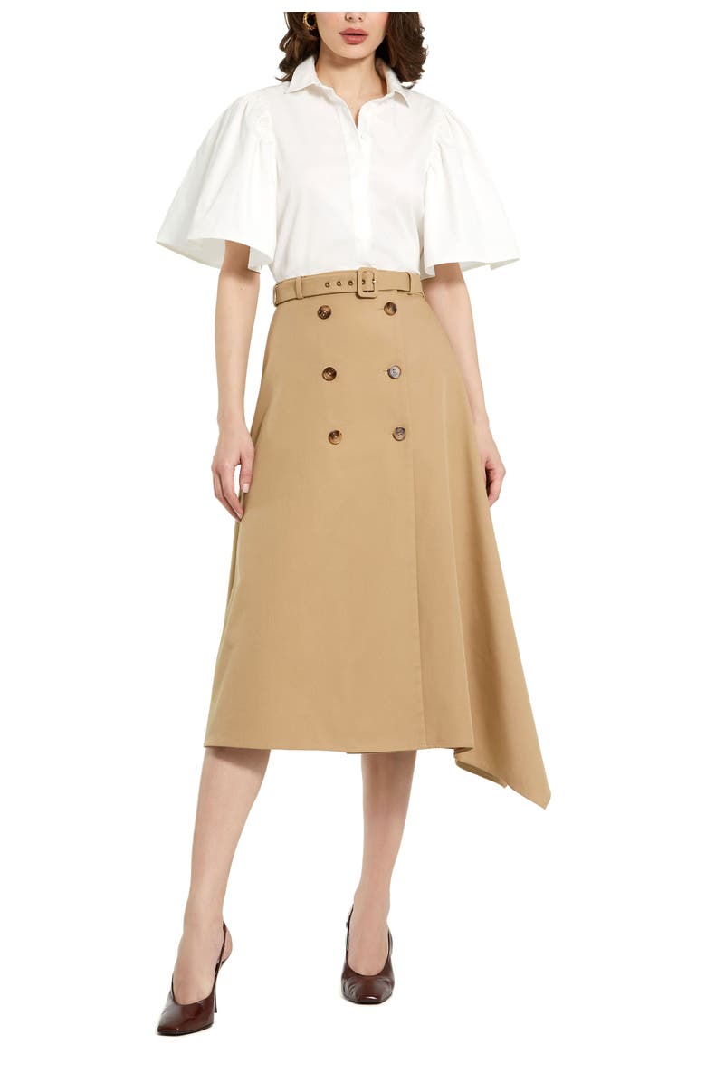 Mac Duggal Twill Midi Skirt With Buttons And Belt, Alternate, color, Taupe