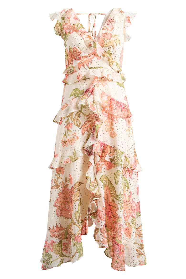 Floral Metallic Detail Cascade Ruffle Dress, Alternate, color, EGRET