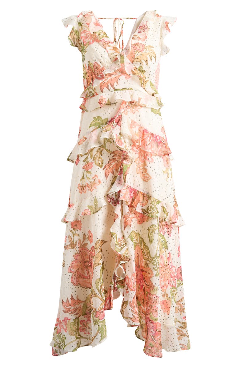 CeCe Floral Metallic Detail Cascade Ruffle Dress, Main, color, Egret