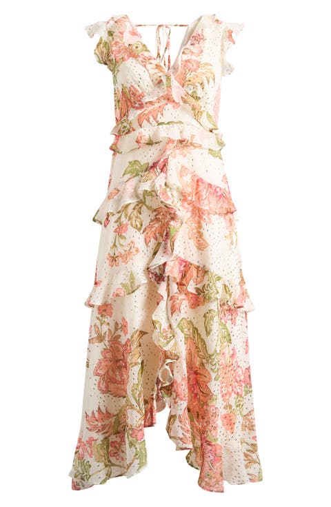 Floral Metallic Detail Cascade Ruffle Dress
