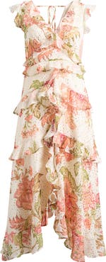 CeCe Floral Metallic Detail Cascade Ruffle Dress