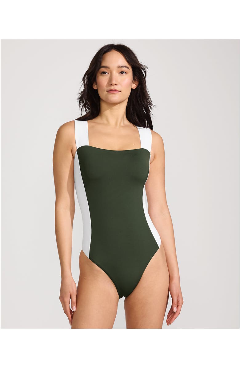 Lands' End Square Neck High Leg One Piece Swimsuit, Alternate, color, Rich Olive Green/White