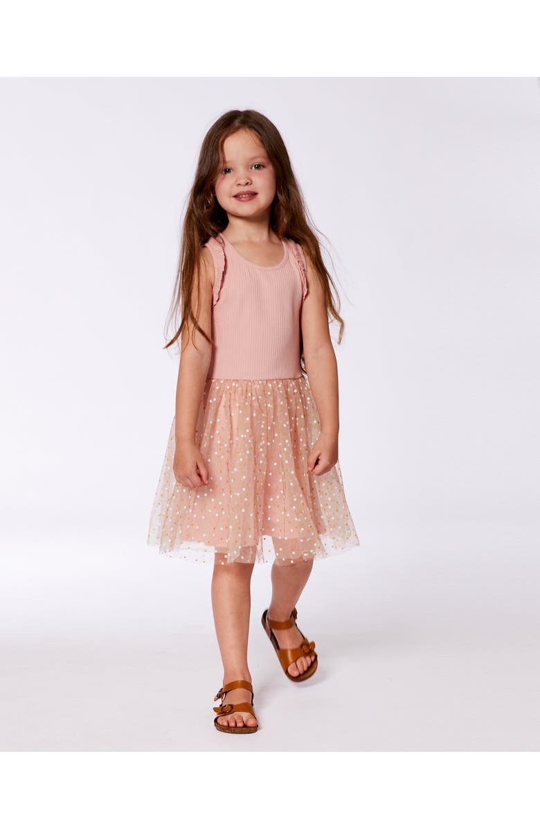 Deux par Deux Little Girl's Bi-Material Dress With Printed Dots On Mesh Skirt Warm Old Pink, Alternate, color,