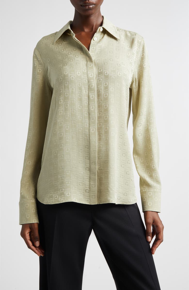 FERRAGAMO Gancini Jacquard Silk Button-Up Shirt, Main, color, Burnt Sage