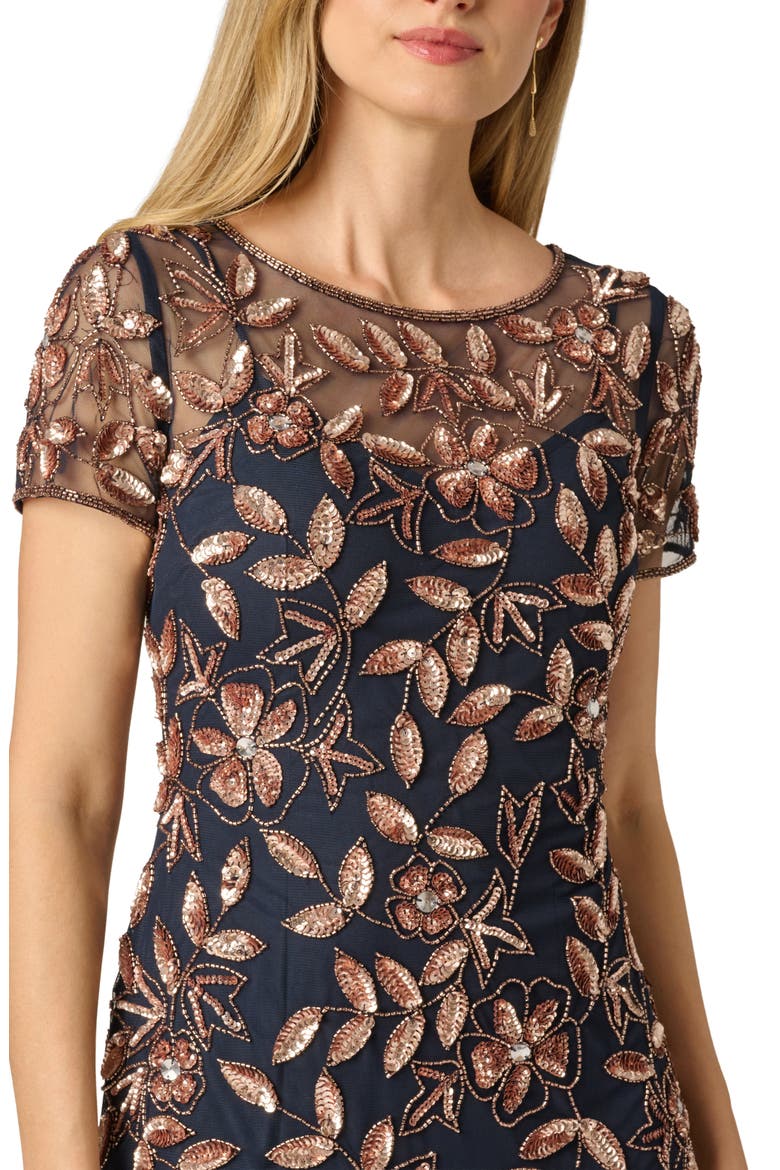 Floral Embroidered Beaded Trumpet Gown, Alternate, color, NAVY/ ROSE GOLD