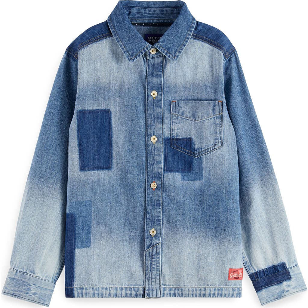 Scotch & Soda Boy's Washed Denim Patchwork Shirt In Blue