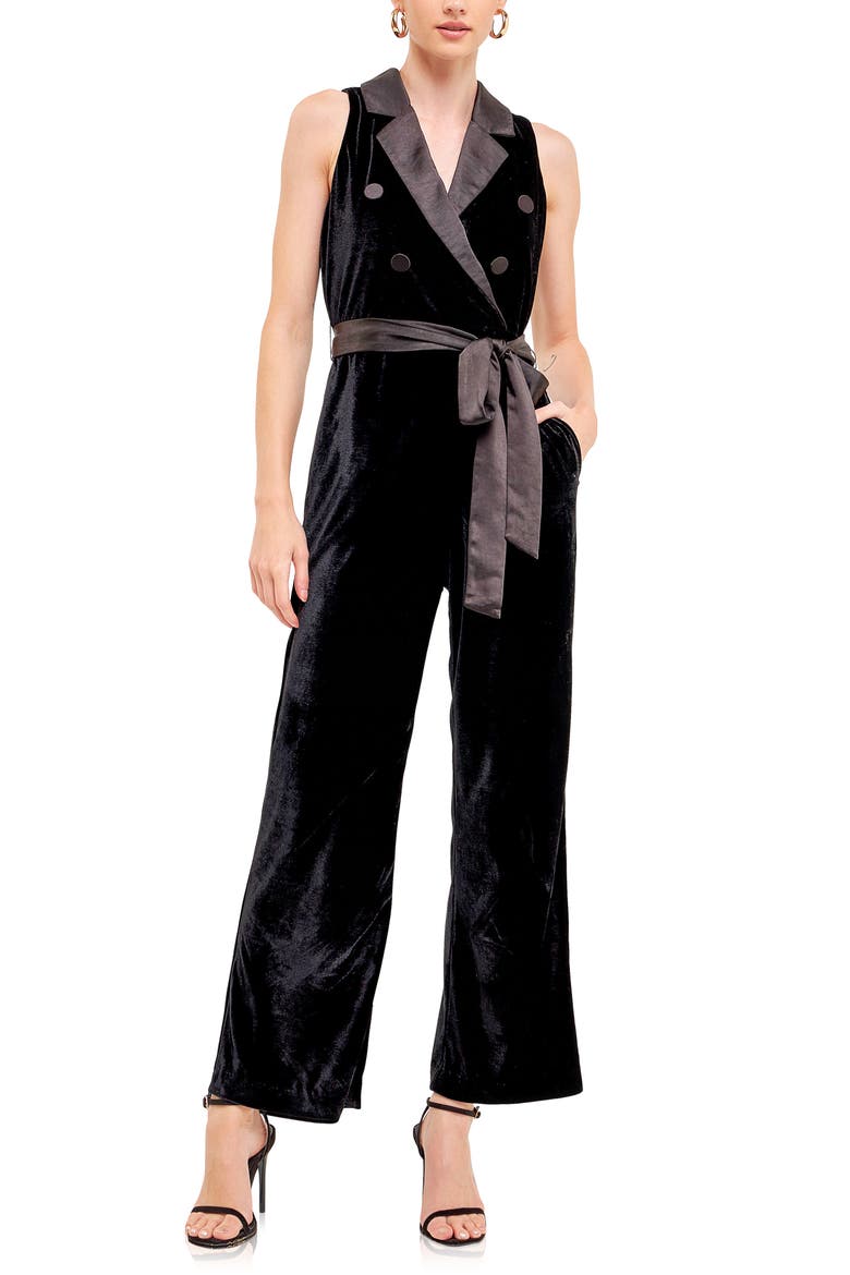 Satin Trim Velvet Jumpsuit, Alternate, color, BLACK