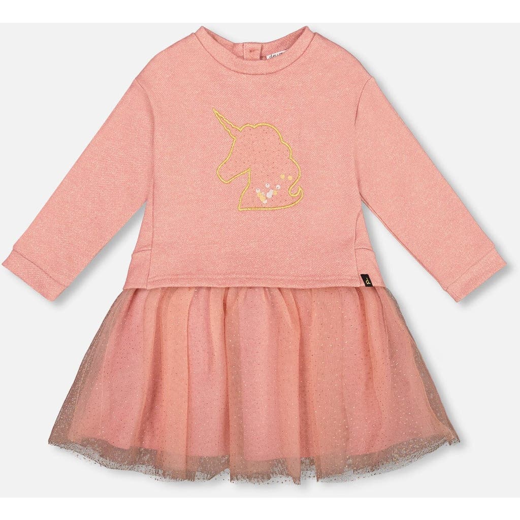 Deux Par Deux Bi-material Dress With Mesh Skirt And Unicorn In Neutral