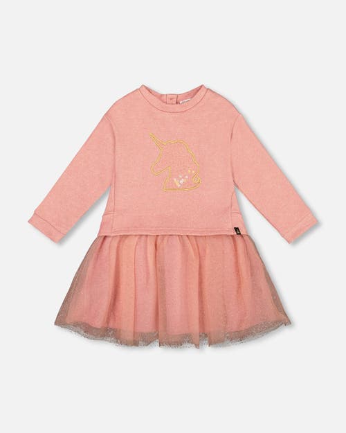 Deux Par Deux Bi-material Dress With Mesh Skirt And Unicorn In Pink