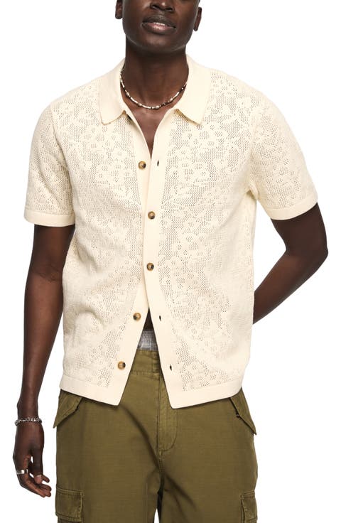 Openwork Knit Cotton Button-Up Shirt
