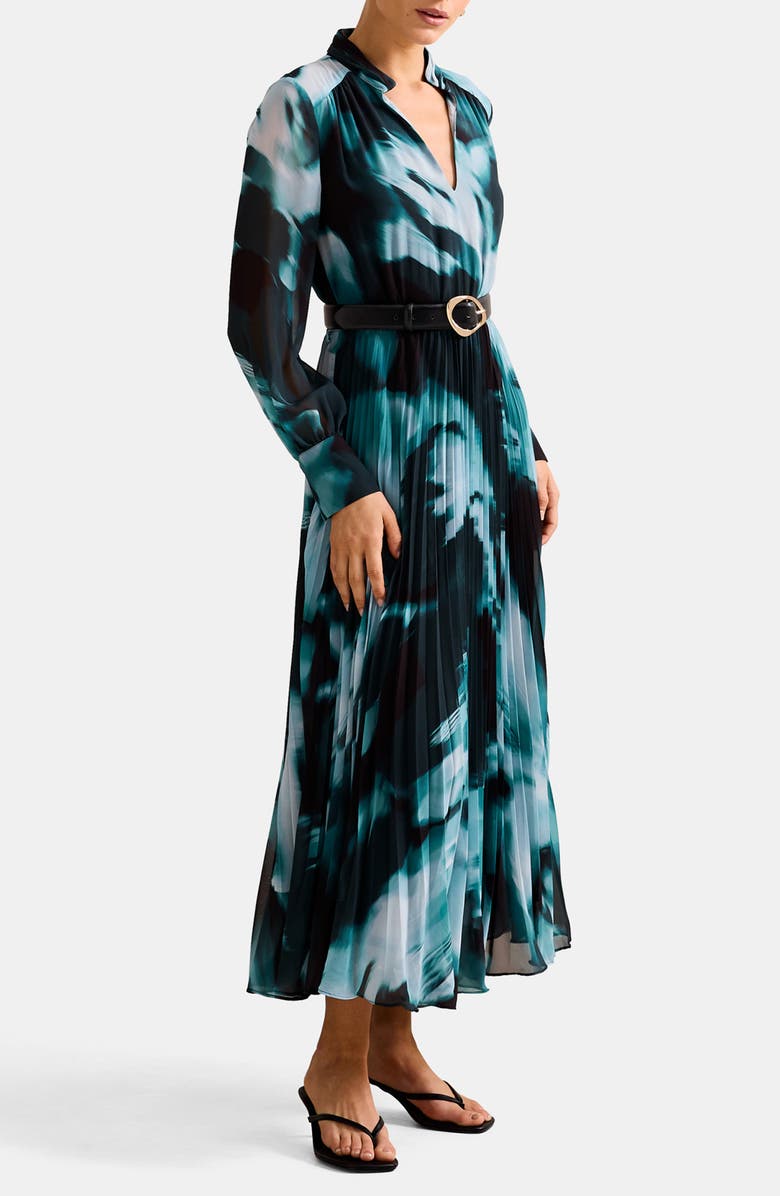 Ever New Skyla Abstract Print Long Sleeve Pleated Midi Dress, Alternate, color, Green Odella