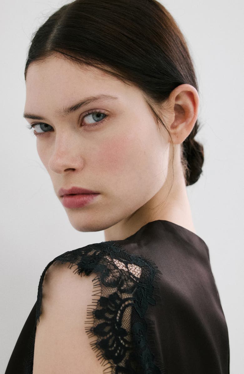 MANGO Lace Trim Asymmetric Satin Top, Alternate, color, 