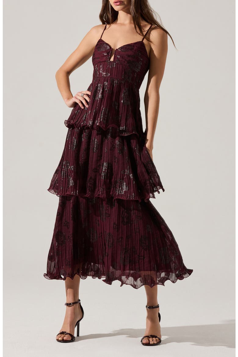 Lupin Pleated Tiered Midi Dress, Main, color, WINE FLORAL PRINT
