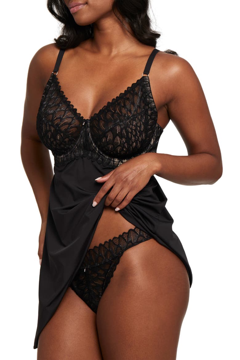 Lacey Underwire Babydoll Chemise, Alternate, color, BLACK