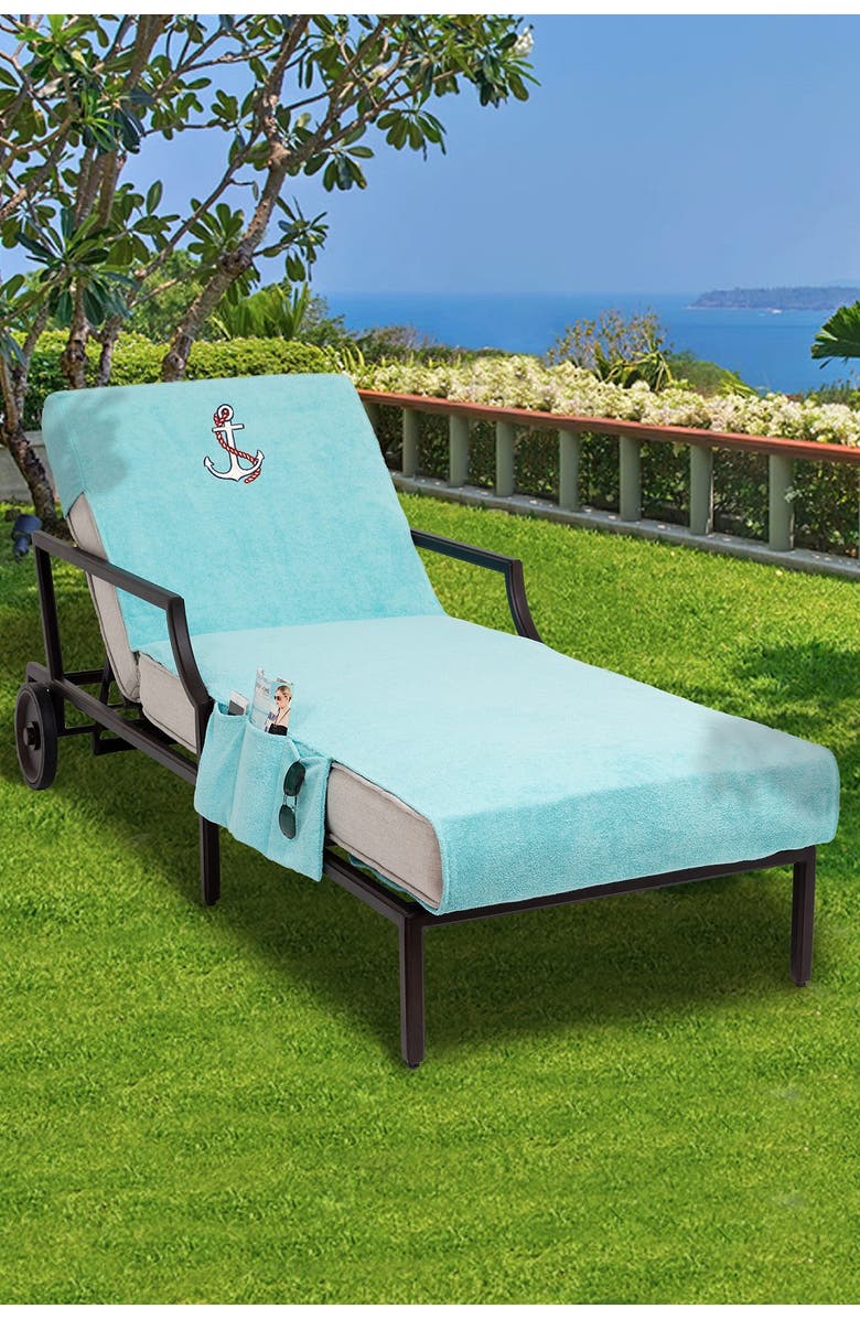 Linum Home Textiles 100% Turkish Cotton Anchor Embroidered Standard Size Chaise Lounge Cover With Side Pockets - Aqua, Alternate, color, Aqua