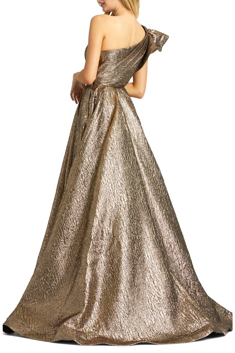 One Shoulder Bow Detail Metallic Ballgown, Alternate, color, ANTIQUE BRONZE