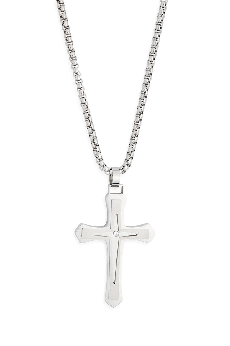 Men's Waterproof Large Cross CZ Pendant Necklace, Alternate, color, STAINLESS